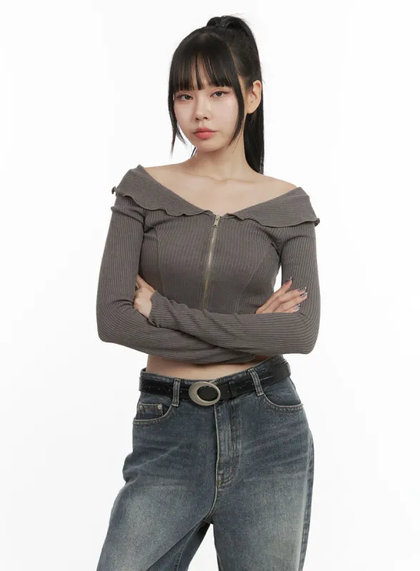 Zipper Off-Shoulder Ribbed Top OO401 sold by Lewkin