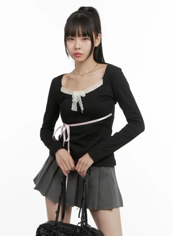 Ribbon Lace Slim Long Sleeve Top OO401 sold by Lewkin