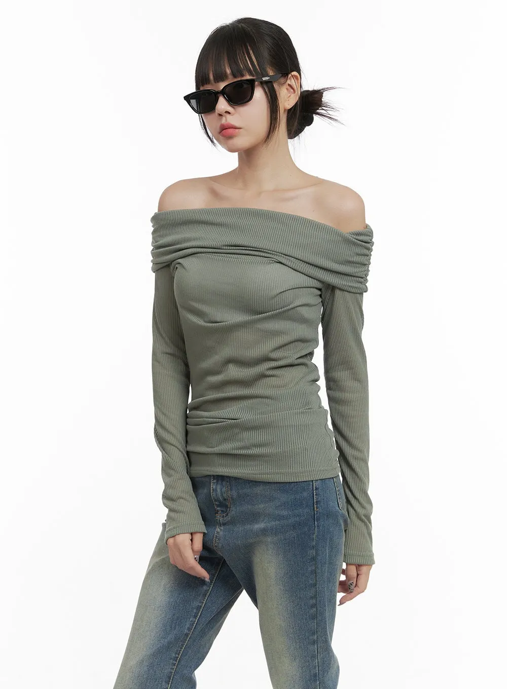 Ribbed Off-Shoulder Slim Fit TShirt OO401 sold by Lewkin product image thumbnail 5