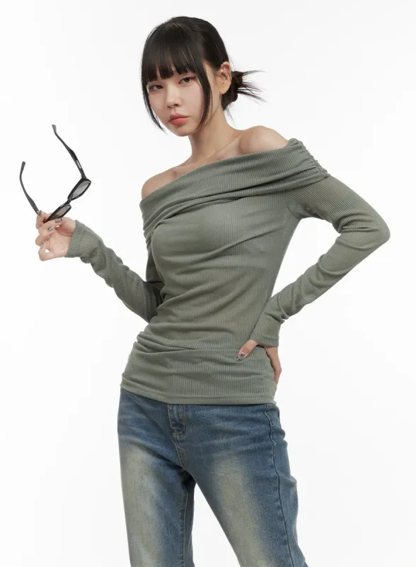 Ribbed Off-Shoulder Slim Fit TShirt OO401 sold by Lewkin