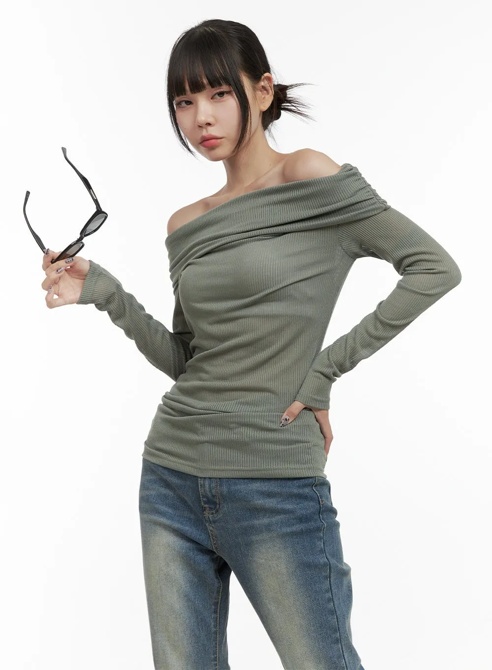 Ribbed Off-Shoulder Slim Fit TShirt OO401 sold by Lewkin