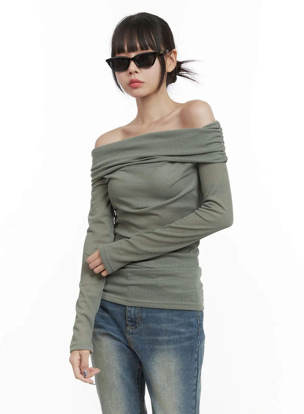 Ribbed Off-Shoulder Slim Fit TShirt OO401 sold by Lewkin product image thumbnail 4
