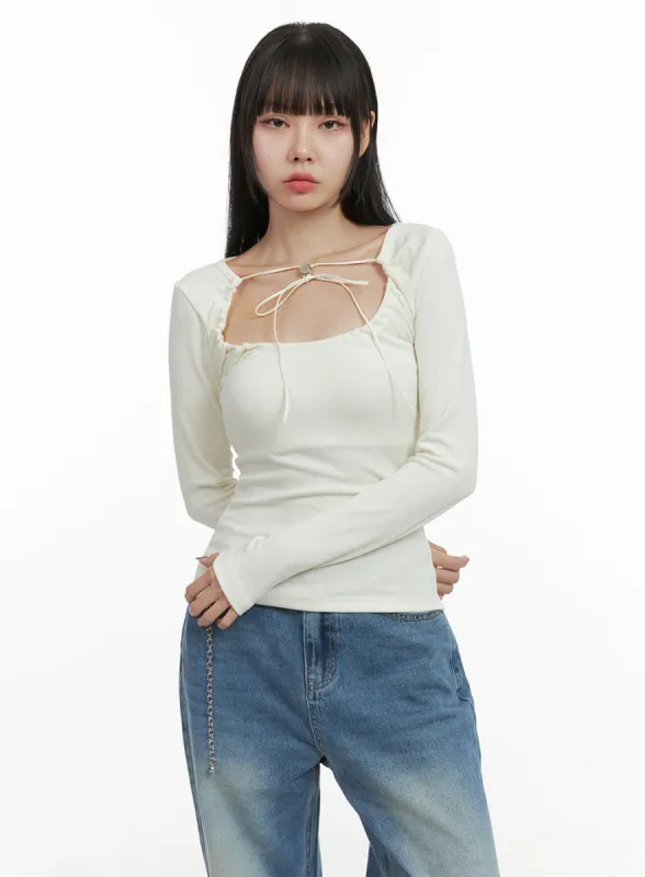 String Cut-Out Slim Fit Long Sleeve Top OO401 sold by Lewkin
