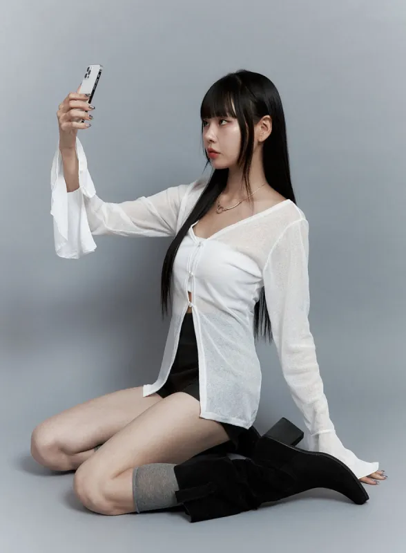 Solid See-through Button Long Cardigan OO401 sold by Lewkin