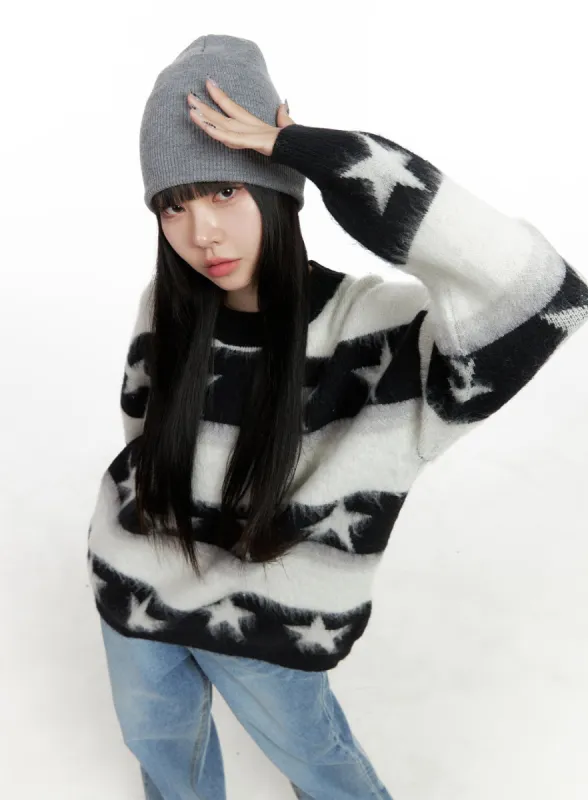 Oversized Striped Graphic Faux Fur Sweater OO401 sold by Lewkin