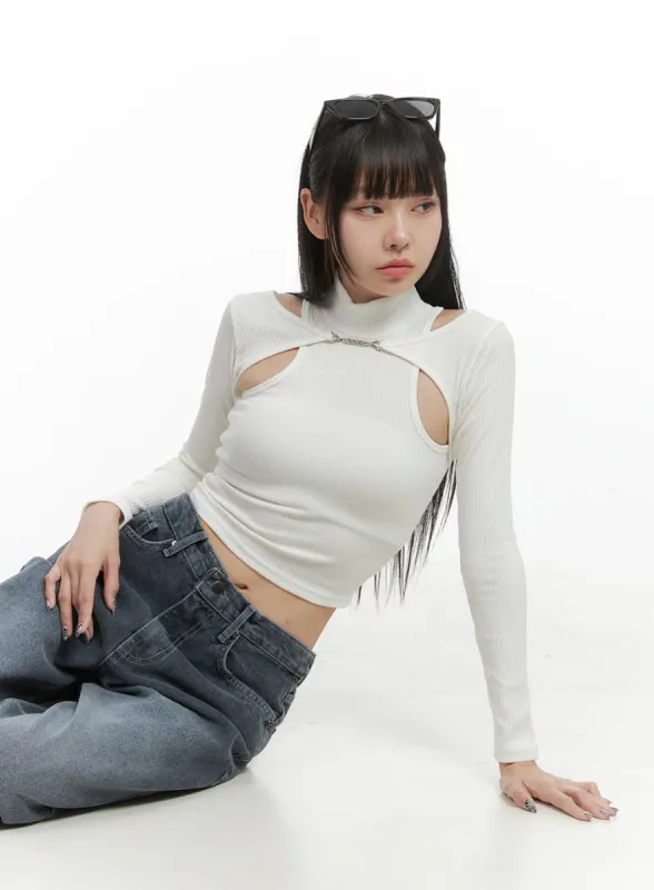 Chain Cut-Out Turtleneck Cropped Top OO401 sold by Lewkin