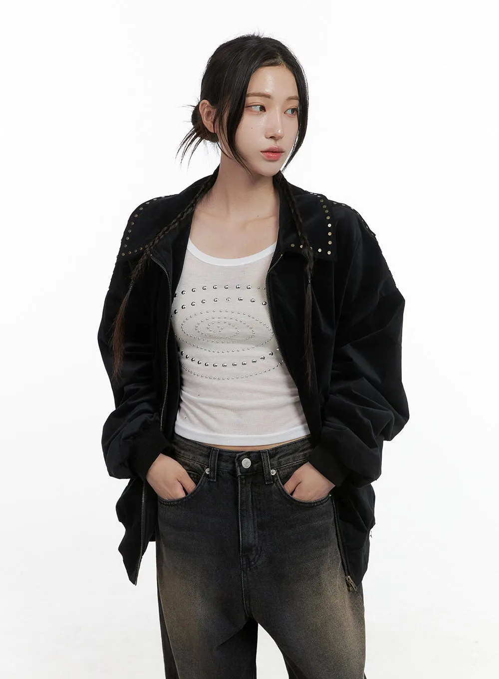 Studded Oversize Collar Jacket CO402 sold by Lewkin