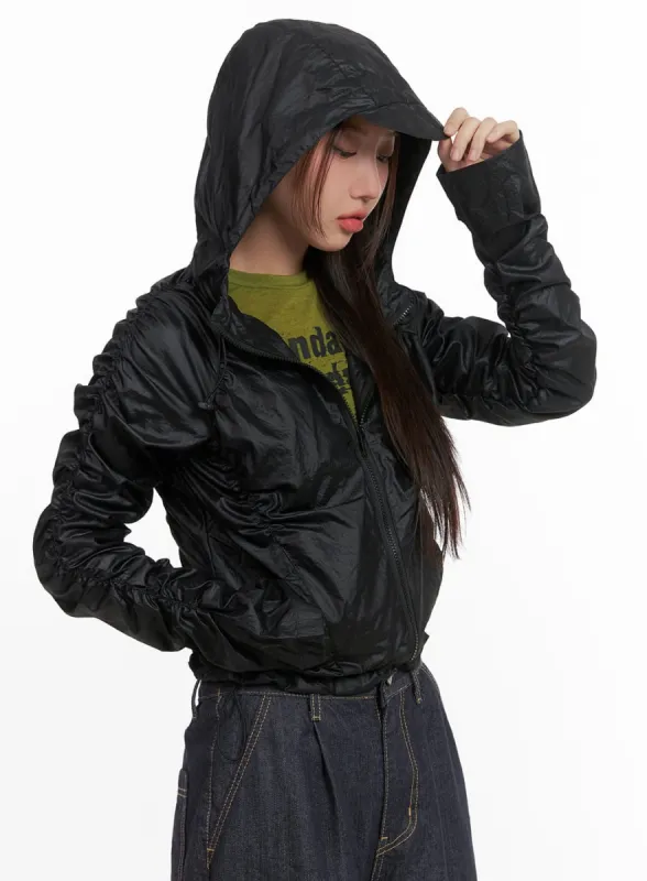 Shirred Hooded Nylon Crop Jacket CO402 sold by Lewkin