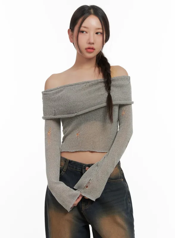 Ripped Mesh Off-Shoulder Cropped Top CO404 sold by Lewkin