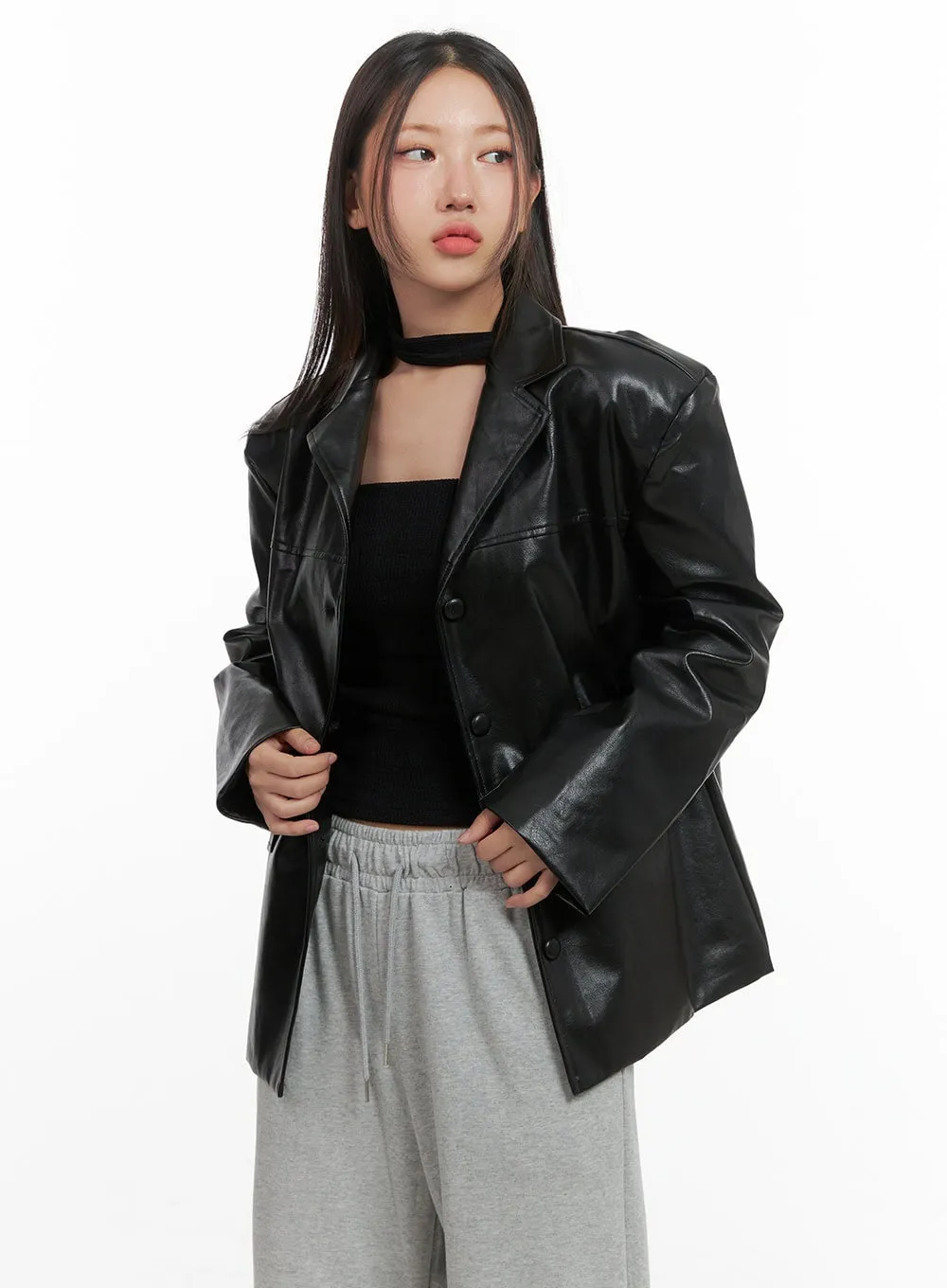 Oversized Button Faux Leather Jacket CO404 sold by Lewkin