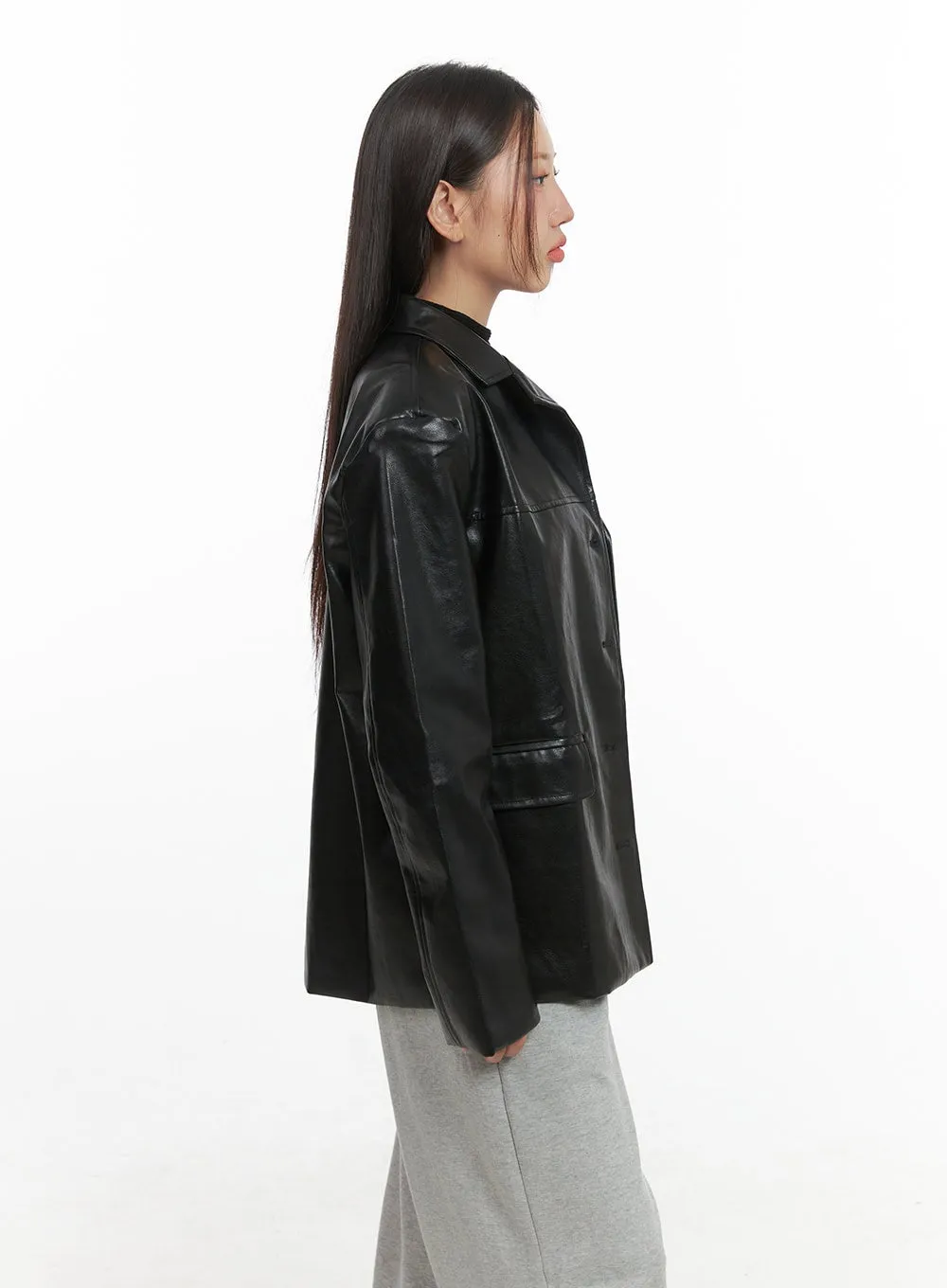 Oversized Button Faux Leather Jacket CO404 sold by Lewkin product image thumbnail 5