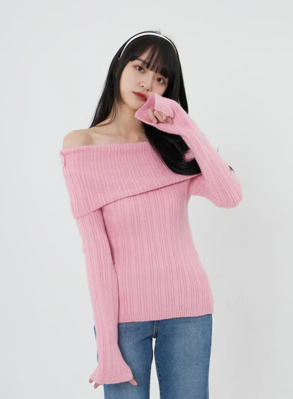 [Collab] Off-Shoulder Stripe Knit Top OD22 sold by Lewkin
