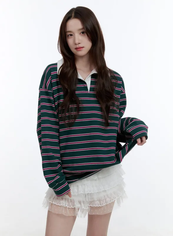 Oversize Collared Stripe Long Sleeve Tee OO407 sold by Lewkin