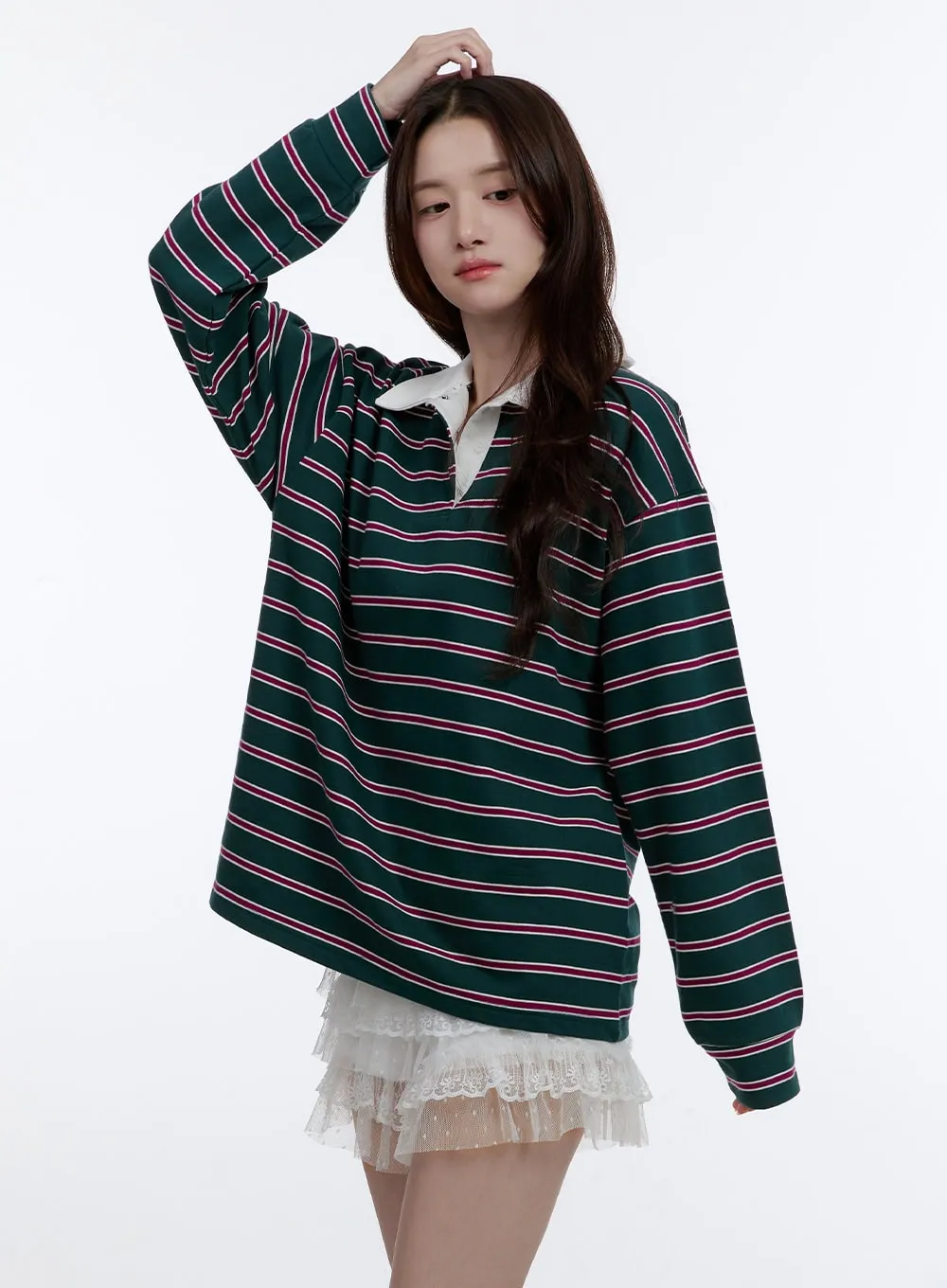 Oversize Collared Stripe Long Sleeve Tee OO407 sold by Lewkin product image thumbnail 5