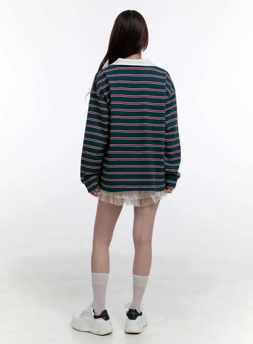 Oversize Collared Stripe Long Sleeve Tee OO407 sold by Lewkin product image thumbnail 4