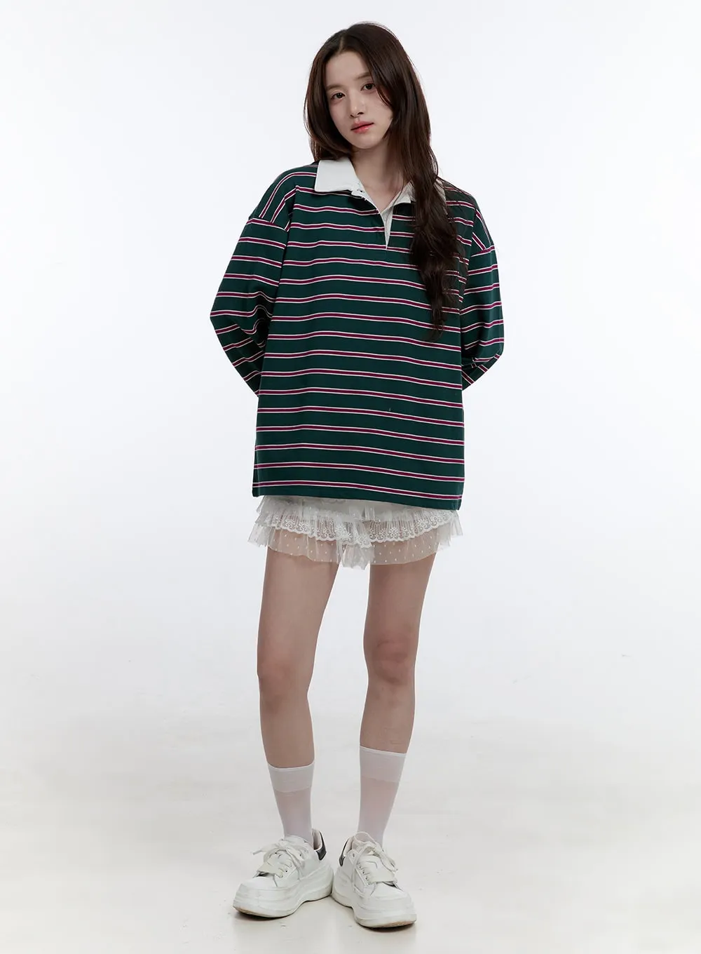 Oversize Collared Stripe Long Sleeve Tee OO407 sold by Lewkin product image thumbnail 2