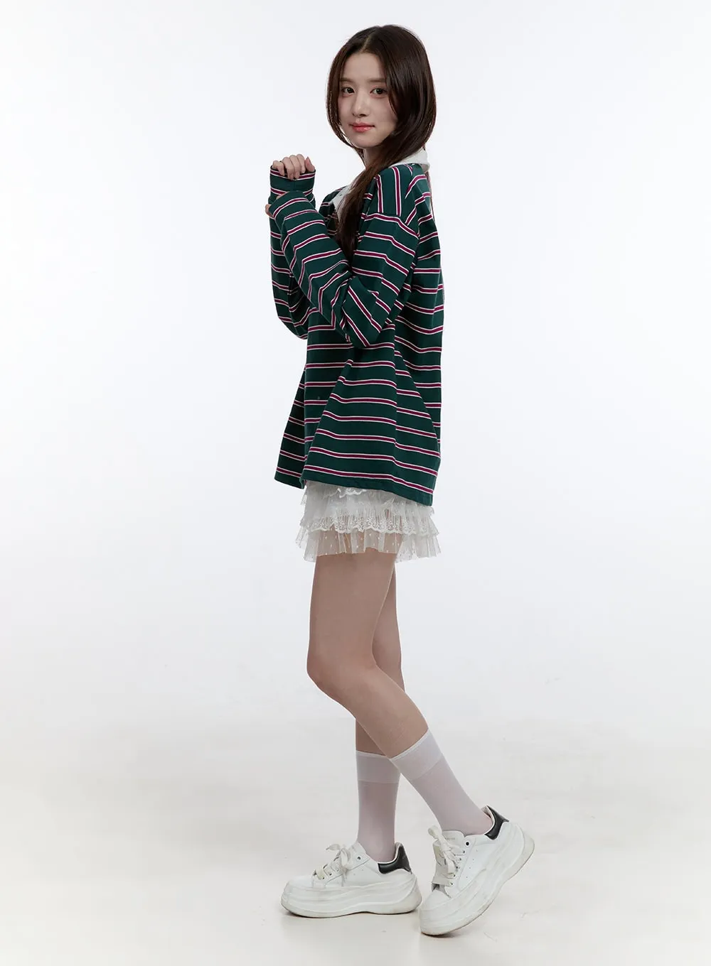 Oversize Collared Stripe Long Sleeve Tee OO407 sold by Lewkin product image thumbnail 3