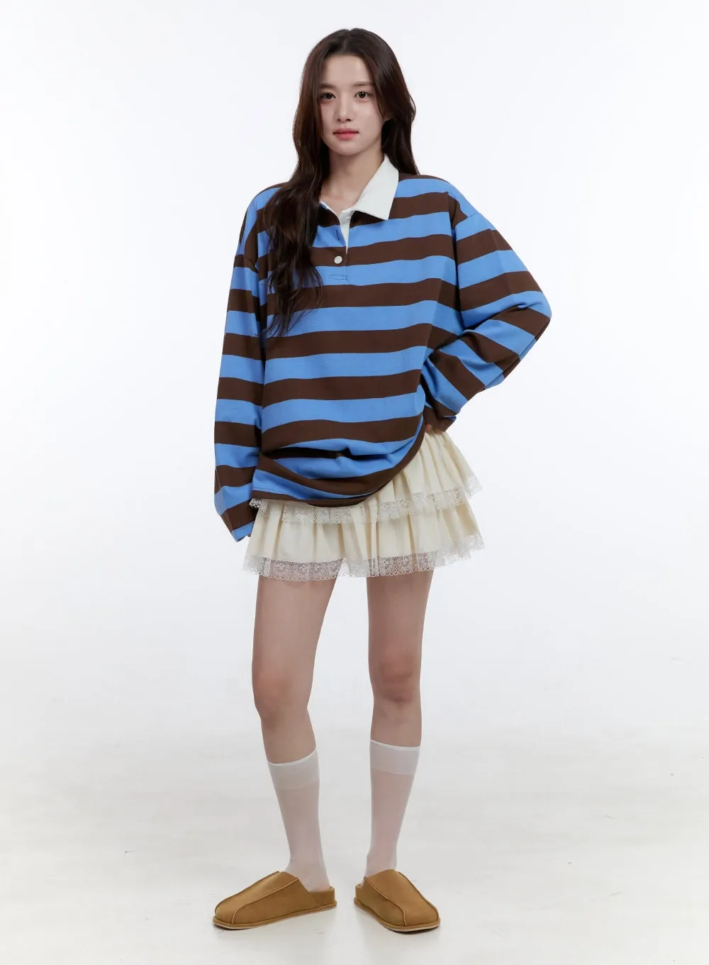 Cotton Oversize Buttoned Long Sleeve Stripe Tee OO407 sold by Lewkin product image thumbnail 2