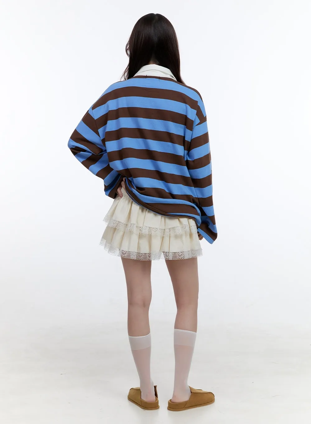 Cotton Oversize Buttoned Long Sleeve Stripe Tee OO407 sold by Lewkin product image thumbnail 3