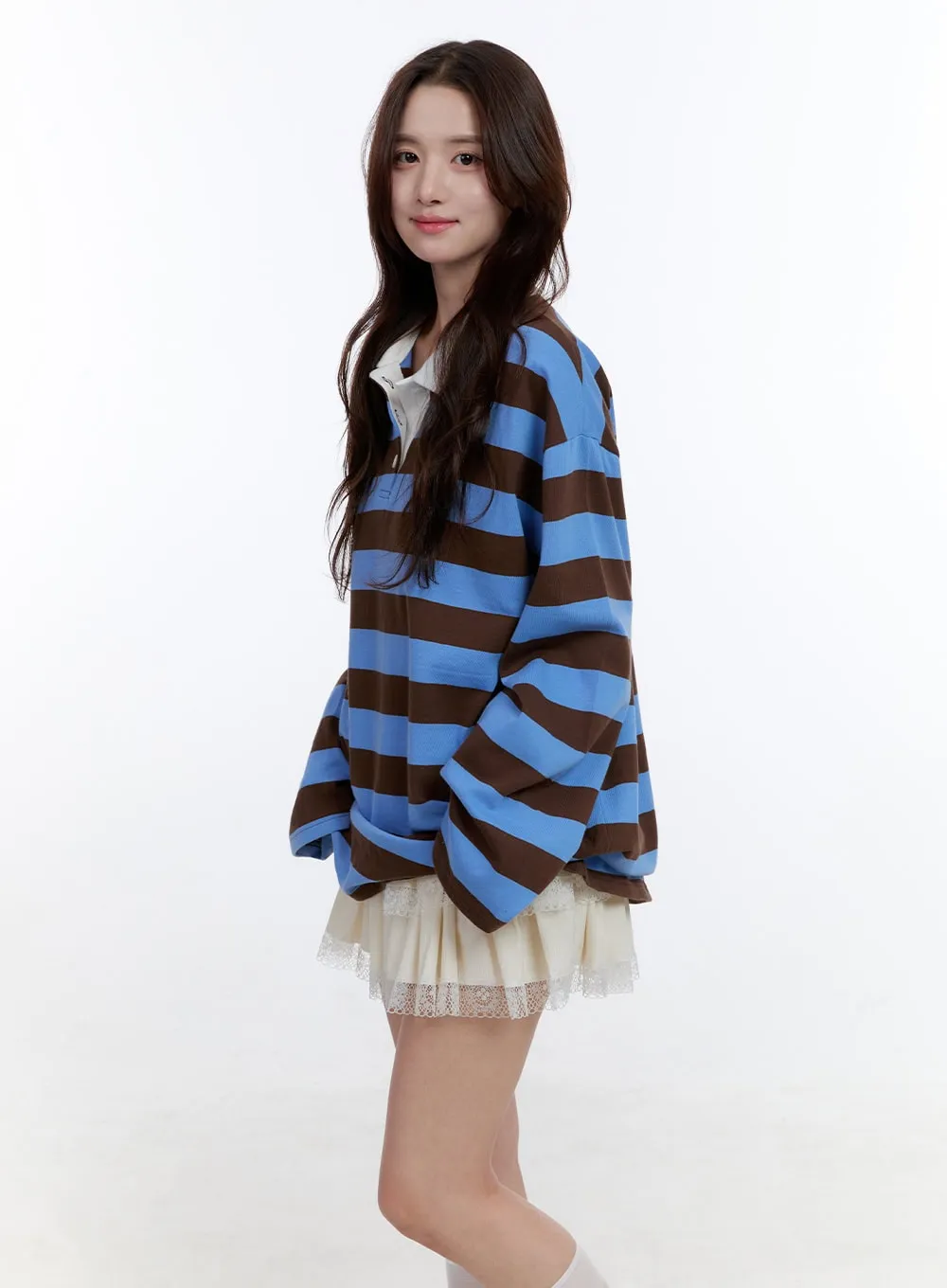 Cotton Oversize Buttoned Long Sleeve Stripe Tee OO407 sold by Lewkin product image thumbnail 5