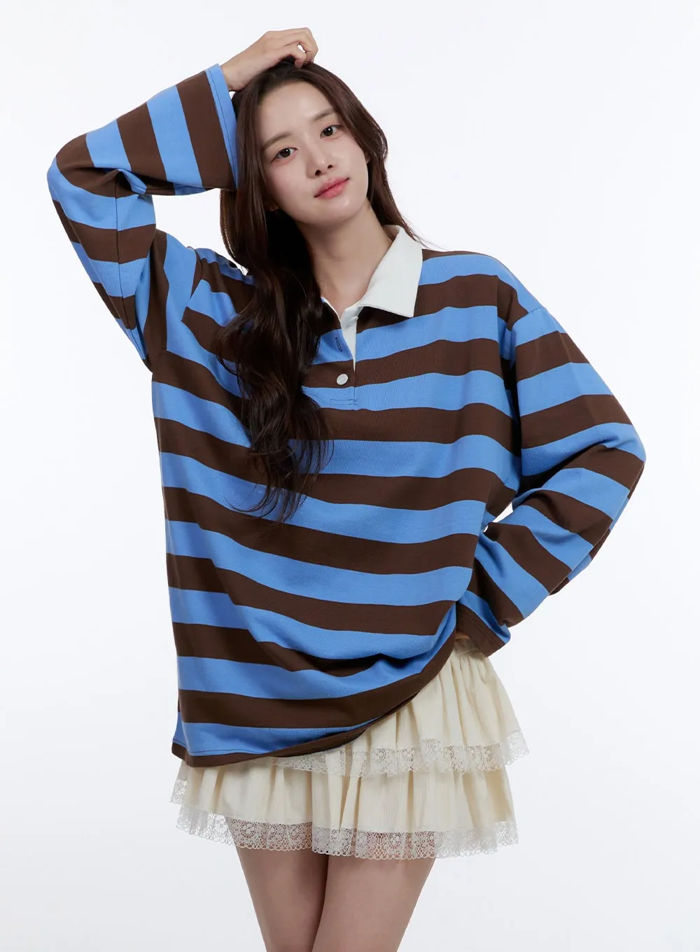 Cotton Oversize Buttoned Long Sleeve Stripe Tee OO407 sold by Lewkin product image thumbnail 4