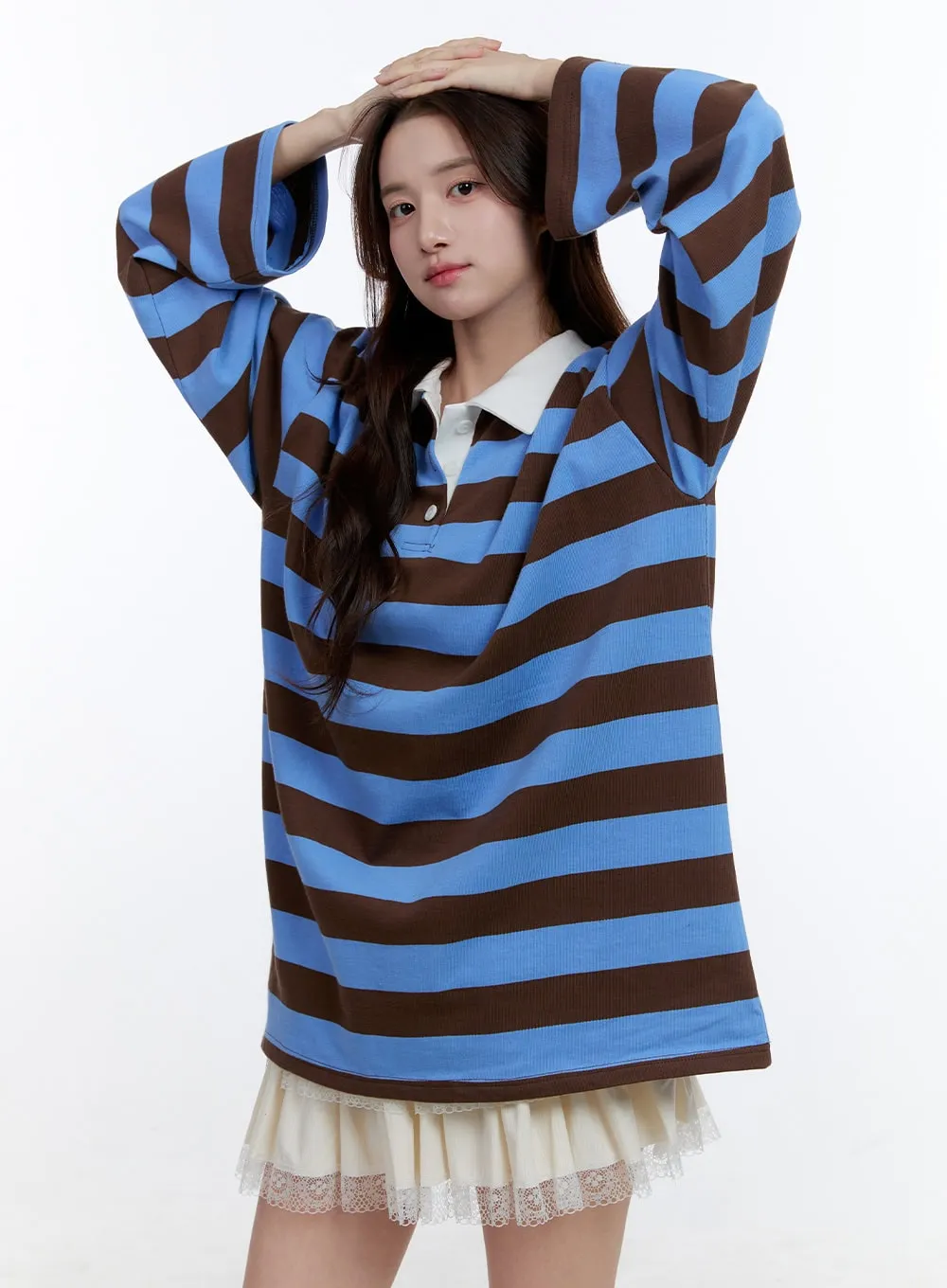 Cotton Oversize Buttoned Long Sleeve Stripe Tee OO407 sold by Lewkin