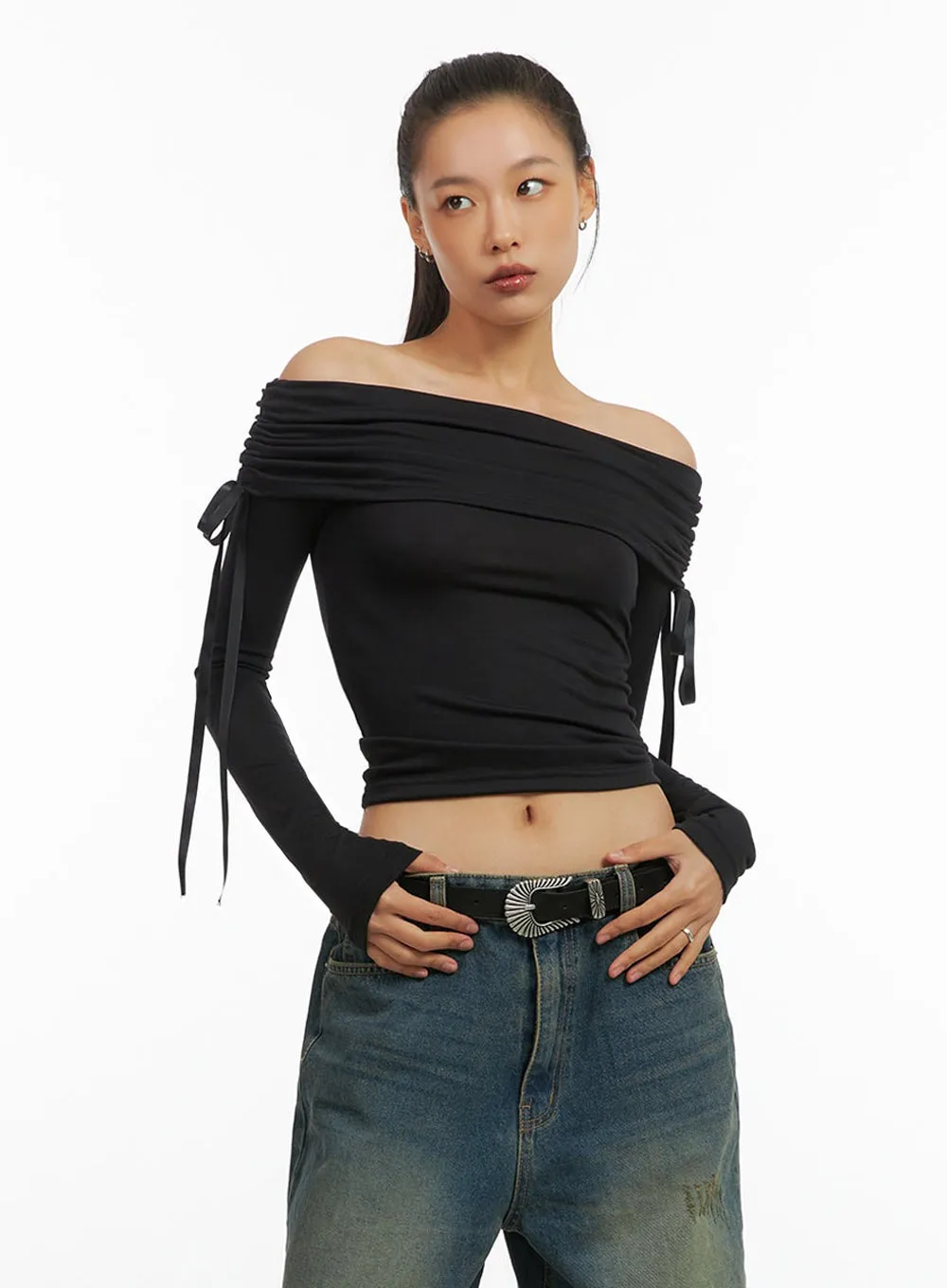 Shirred Solid Off Shoulder Crop Top IO409 sold by Lewkin product image thumbnail 5
