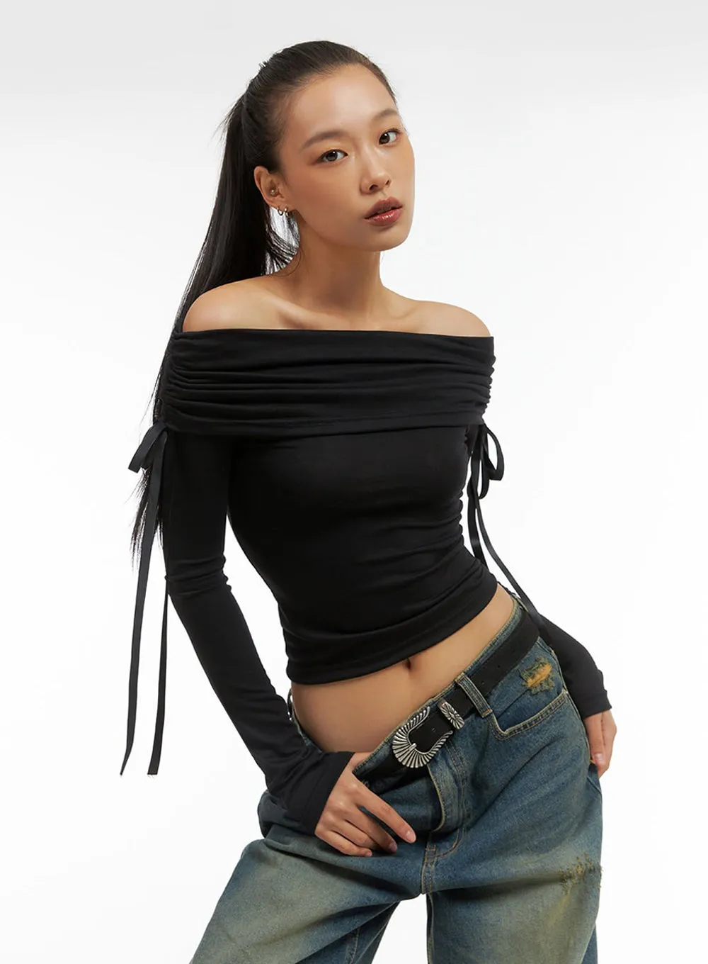 Shirred Solid Off Shoulder Crop Top IO409 sold by Lewkin