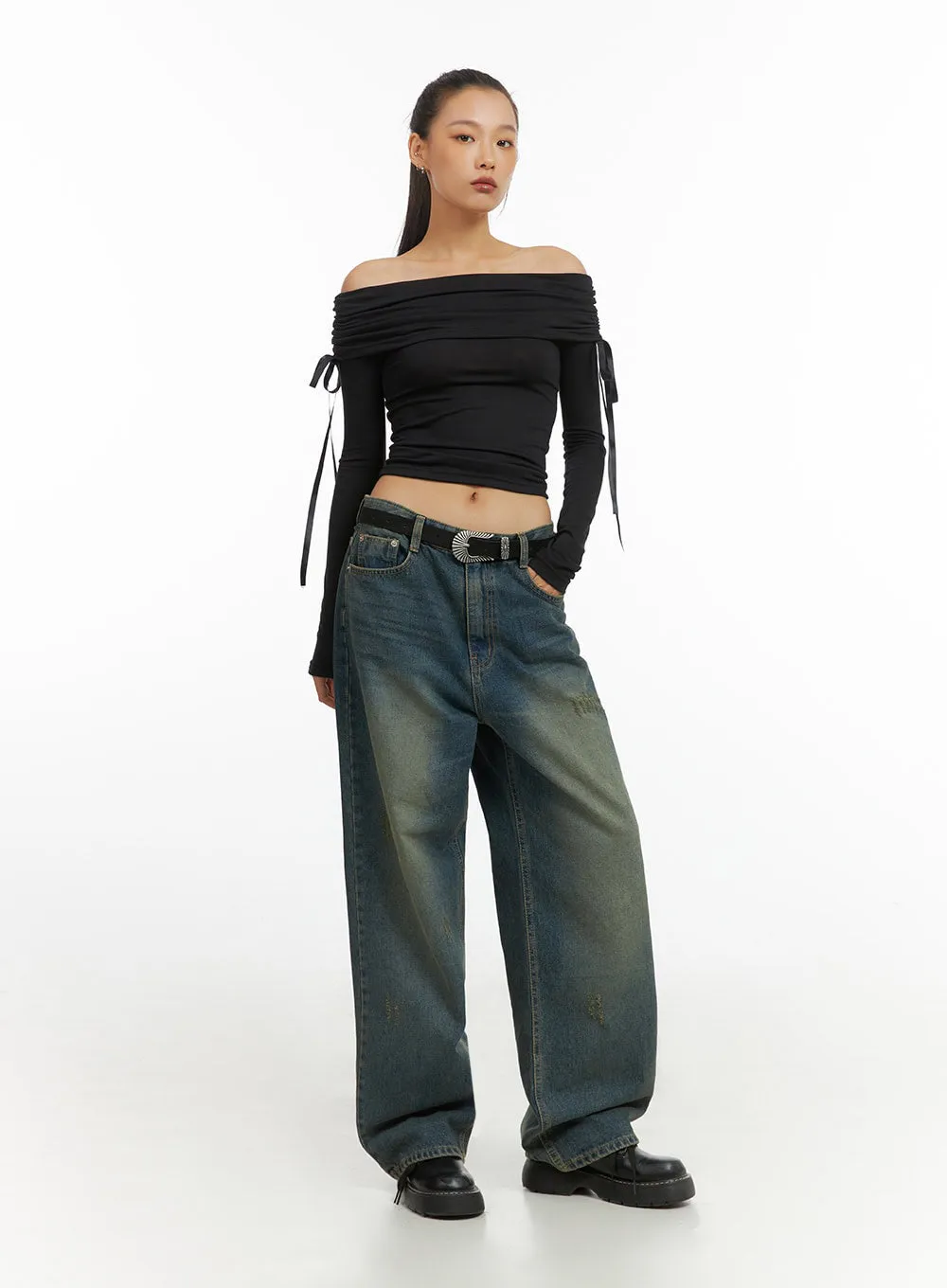 Shirred Solid Off Shoulder Crop Top IO409 sold by Lewkin product image thumbnail 4