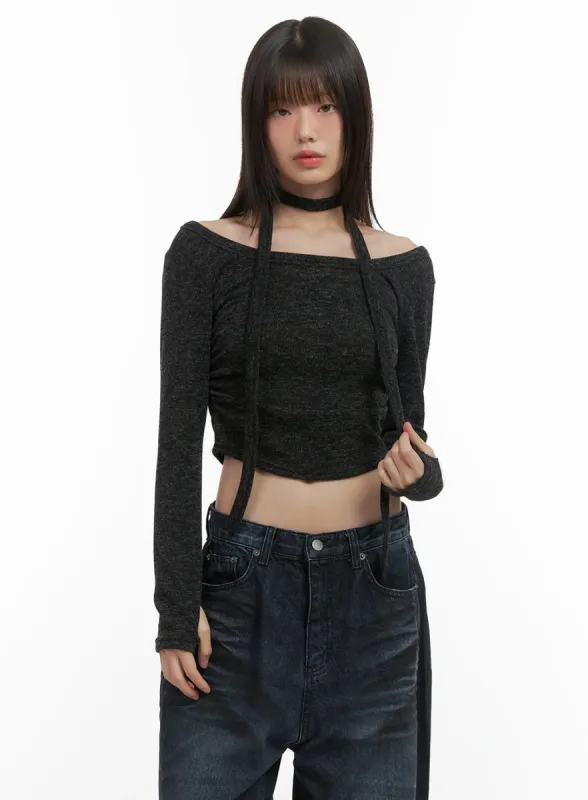 Shirred Cropped Long Sleeve Top with Choker Set CO410 sold by Lewkin