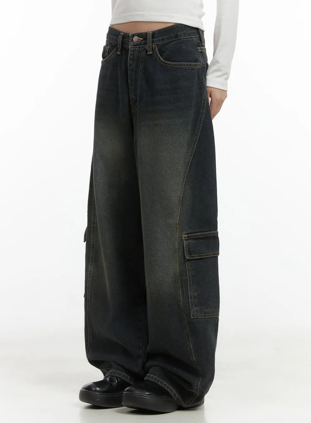 Tess Wide Cargo Denim Pants CO410 sold by Lewkin