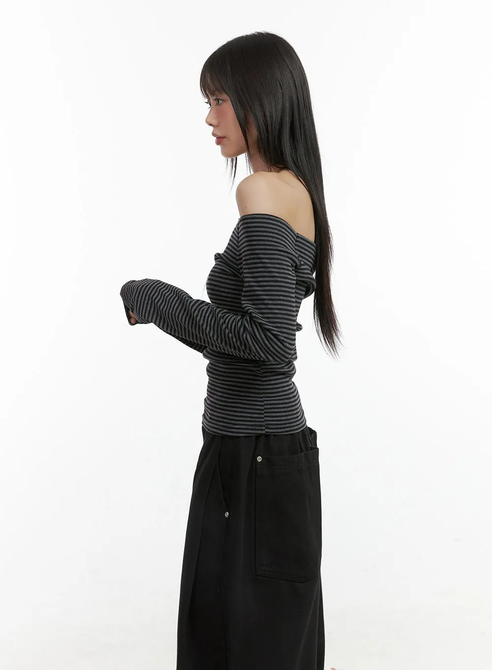 Stripe Off-Shoulder Long Sleeve Top CO410 sold by Lewkin product image thumbnail 3