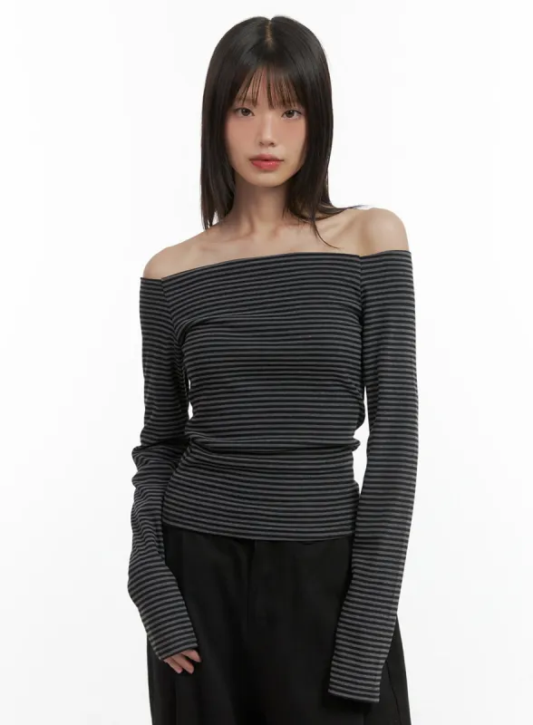 Stripe Off-Shoulder Long Sleeve Top CO410 sold by Lewkin
