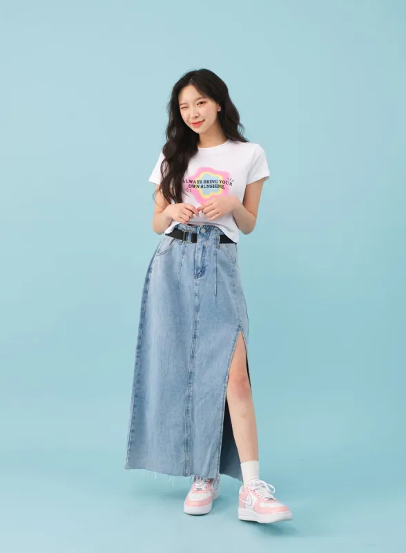Side Slit Belted Denim Maxi Skirt BJ08 sold by Lewkin