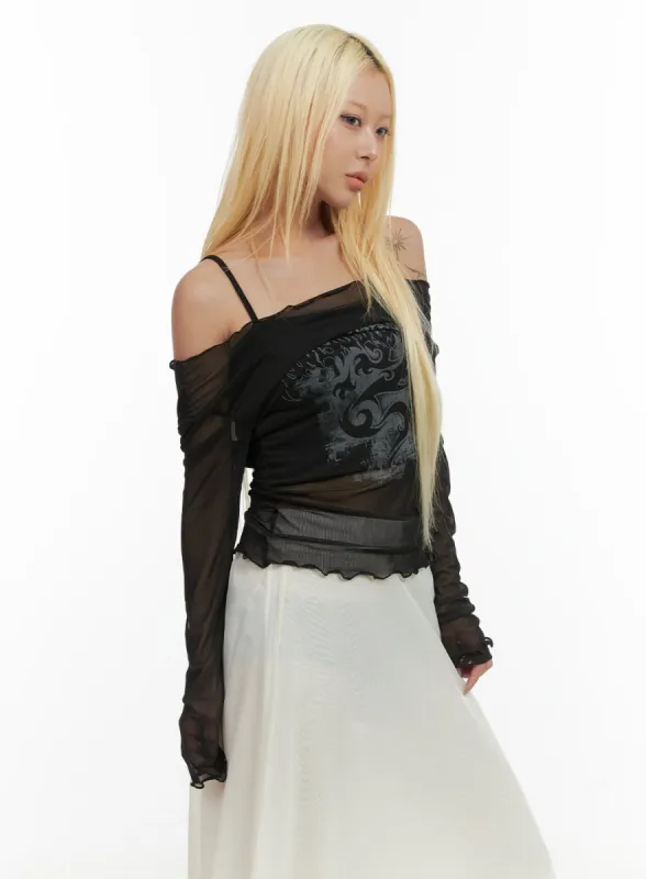 Mesh Glam Long-Sleeve Graphic Tee CO415 sold by Lewkin