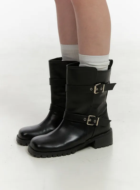 Faux Leather Buckle Midi Boots OO416 sold by Lewkin