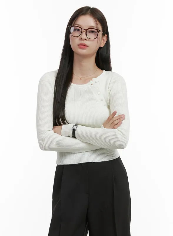 Ribbed Side-Button Long Sleeve Knit OO416 sold by Lewkin