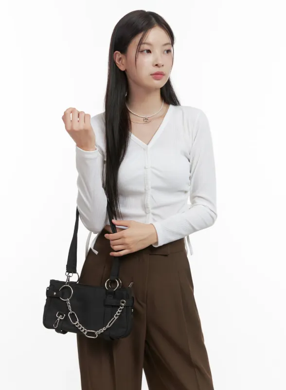 V-Neck Buttoned Shirred Crop Top OO416 sold by Lewkin