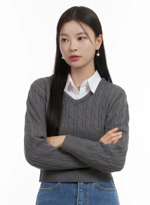 Slim V-Neck Cable Knit Sweater OO416 sold by Lewkin