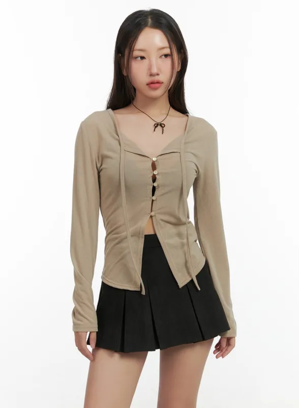 String Detail Long Sleeve Button Top CO417 sold by Lewkin