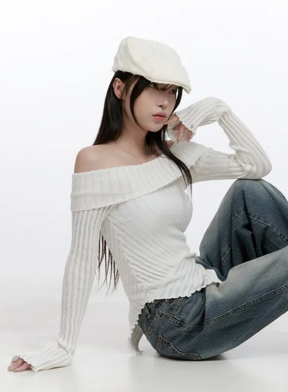 Unbalanced Long-Sleeve Off Shoulder Top CO418 sold by Lewkin