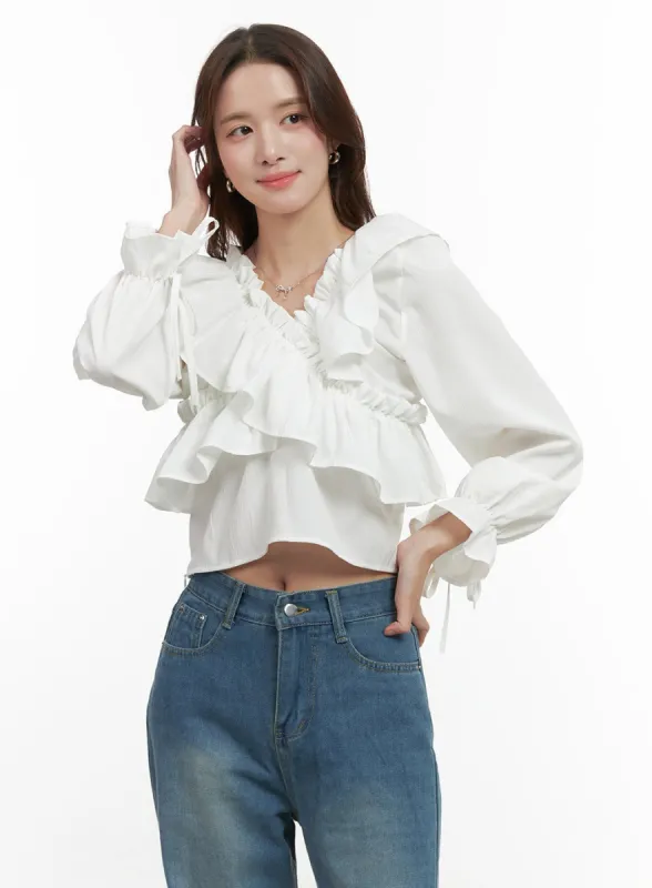 Long-Sleeve Frill Detail Blouse OO421 sold by Lewkin