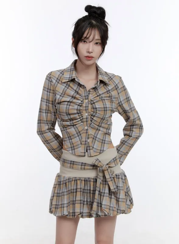 Shirred Crop Check Shirt CO418 sold by Lewkin