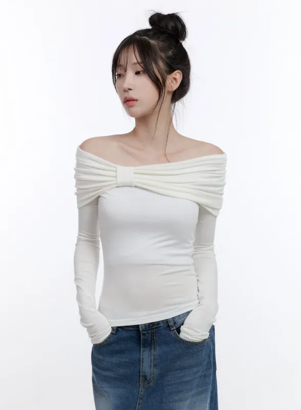 Shirred Off-Shoulder Solid T-Shirt CO419 sold by Lewkin