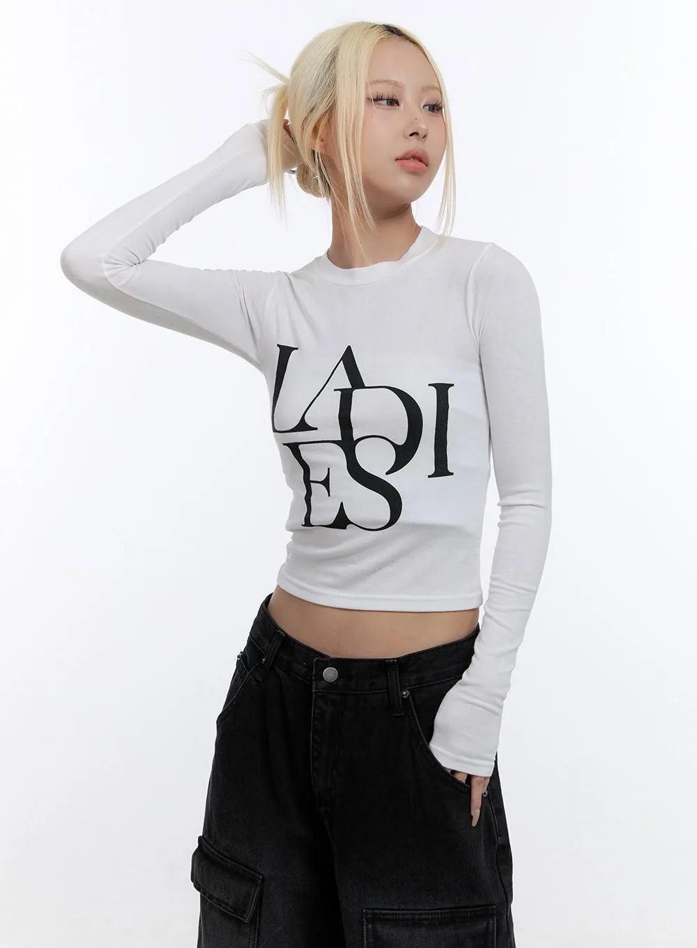 Round Neck Slim Fit Long Sleeve Crop Top CO423 sold by Lewkin