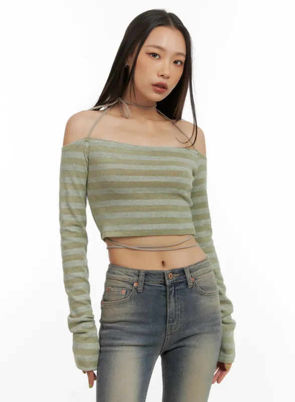 Stripe String Off-Shoulder Crop Top CO424 sold by Lewkin