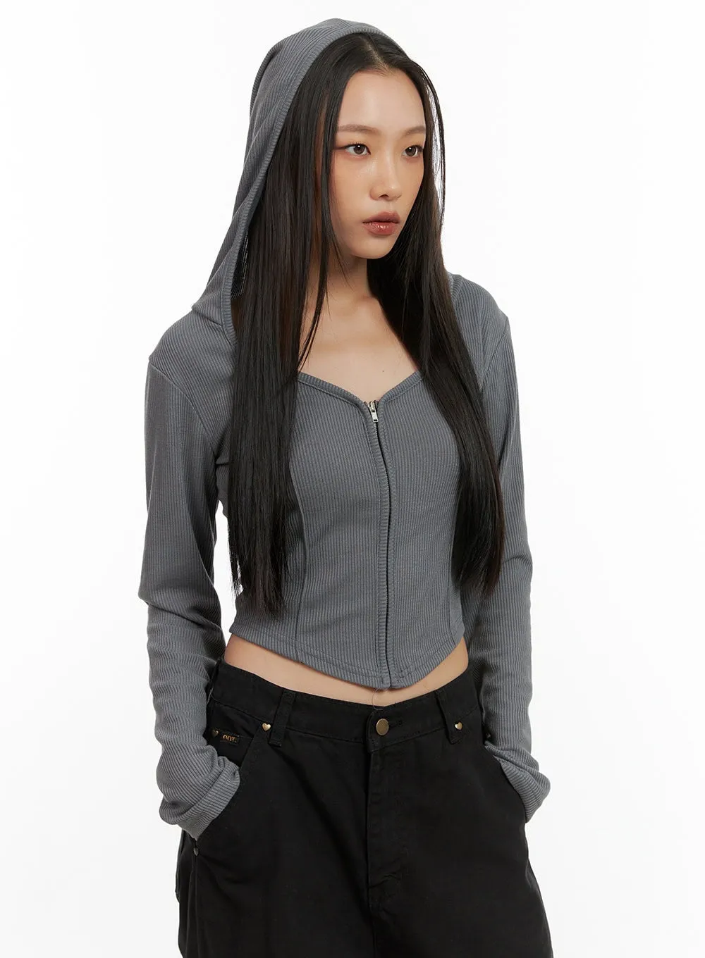 Zip-Up Hooded Crop Top CO424 sold by Lewkin