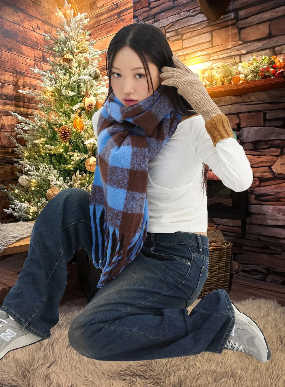 Checkered Tassel Long Scarf IN316 sold by Lewkin
