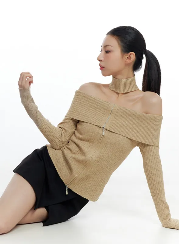 Ribbed Zipper Off-Shoulder Top with Chocket Set CO425 sold by Lewkin