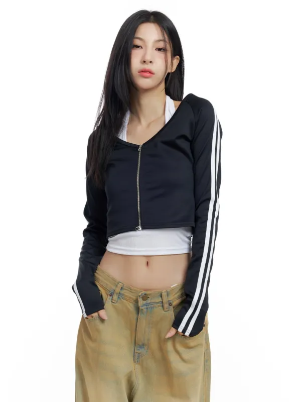 V-Neck Zippered Sporty Crop Track Top CO425 sold by Lewkin